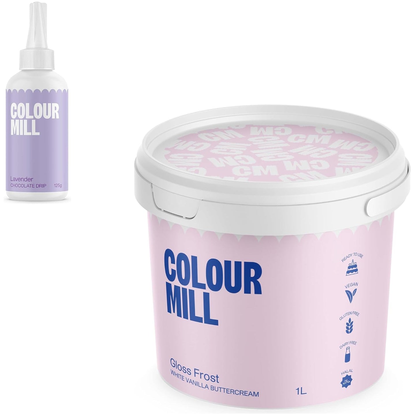 Colour Mill Chocolate Drip Easy-Melt Drizzle for Desserts, 125 Grams Lavender + Gloss Frost White Buttercream, 1 Liter (2.2LBS)