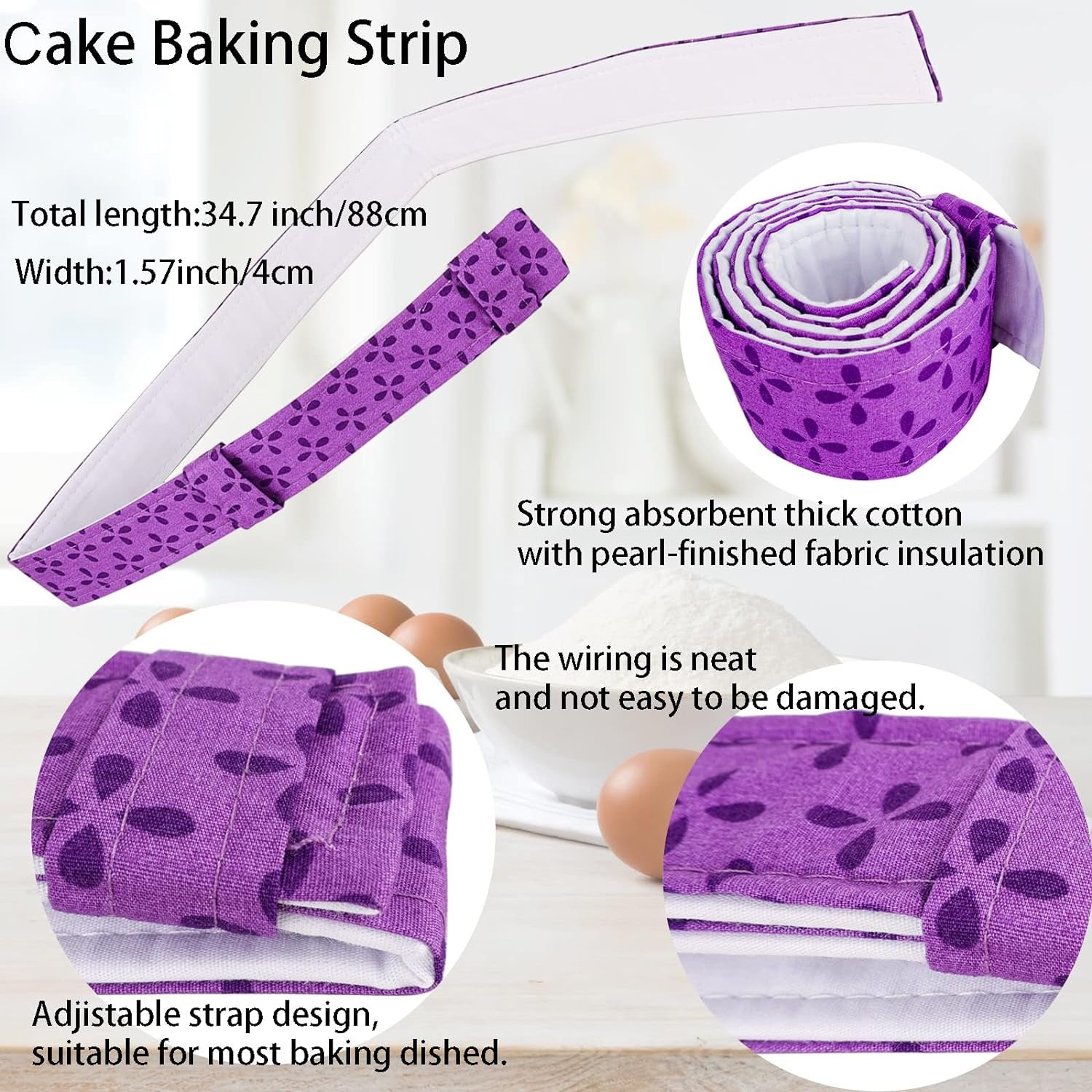 4-Piece Bake Even Strips, Super Absorbent Thick Cake Pan Dampen Strips, Keeps Cakes More Level and Prevents Crowning with Cleaner Edges