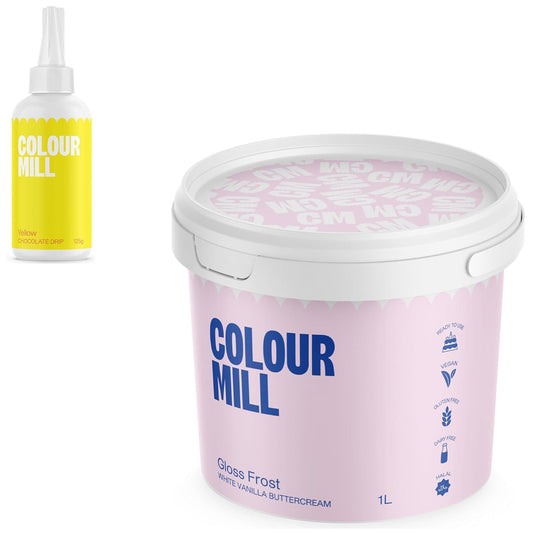 Colour Mill Chocolate Drip Easy-Melt Drizzle for Desserts, 125 Grams Yellow + Gloss Frost White Buttercream, 1 Liter (2.2LBS)