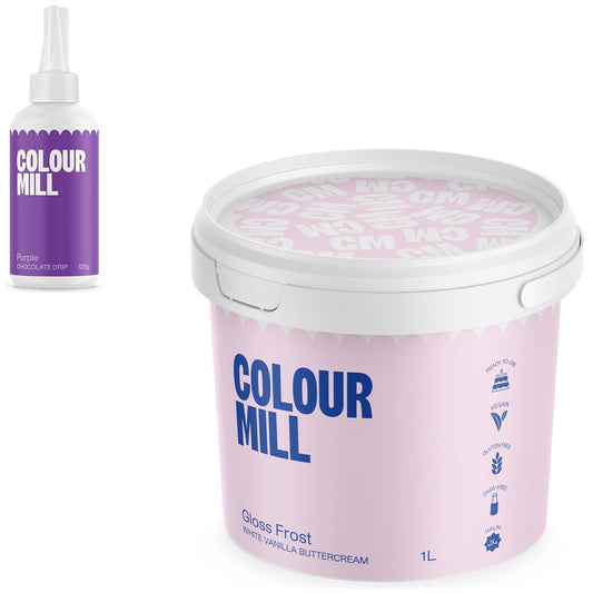Colour Mill Chocolate Drip Easy-Melt Drizzle for Desserts, 125 Grams Purple + Gloss Frost White Buttercream, 1 Liter (2.2LBS)