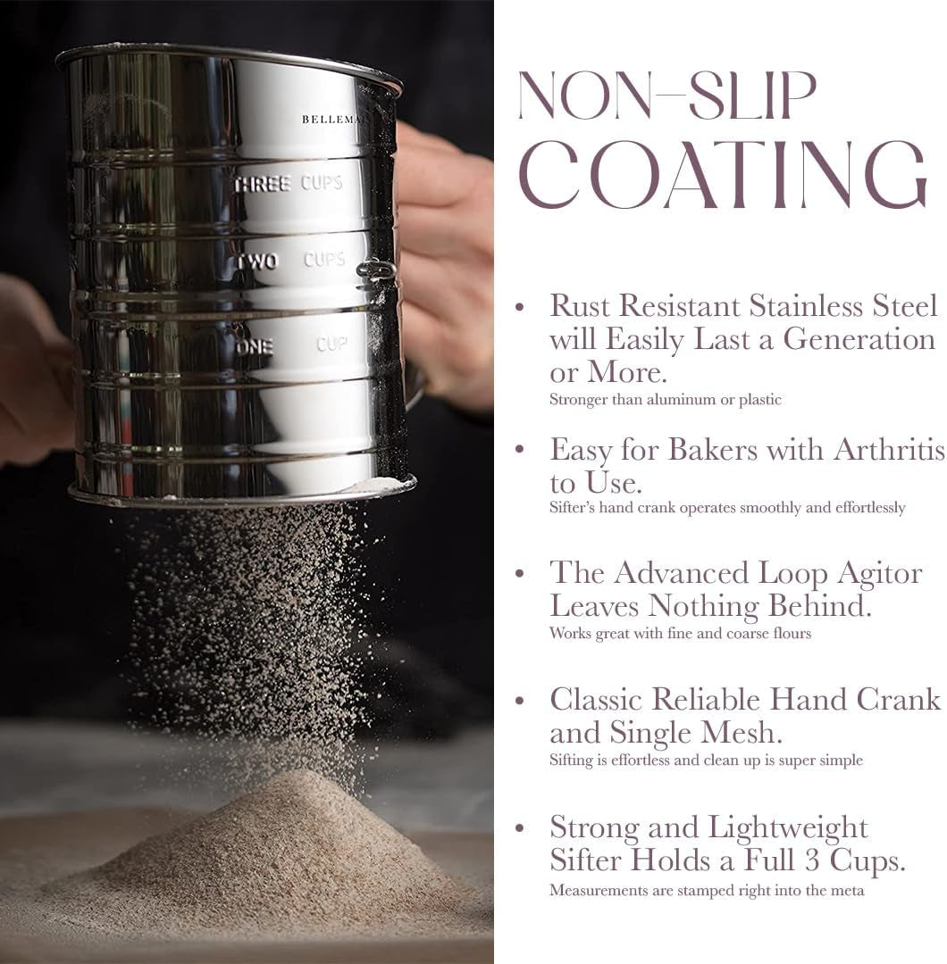 Bellemain 3 Cup Flour Sifter for Baking Fine Mesh Rotary Hand Crank with Loop Agitator for Quick Sifting, Flour Sifter Stainlees Steel