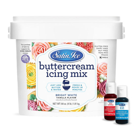 Satin Ice 4 Lb Buttercream Mix, Blue, & Red Food Color Gel Bundle