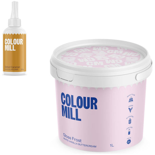 Colour Mill Chocolate Drip Easy-Melt Drizzle for Desserts, 125 Grams Salted Caramel + Gloss Frost White Buttercream, 1 Liter (2.2LBS)