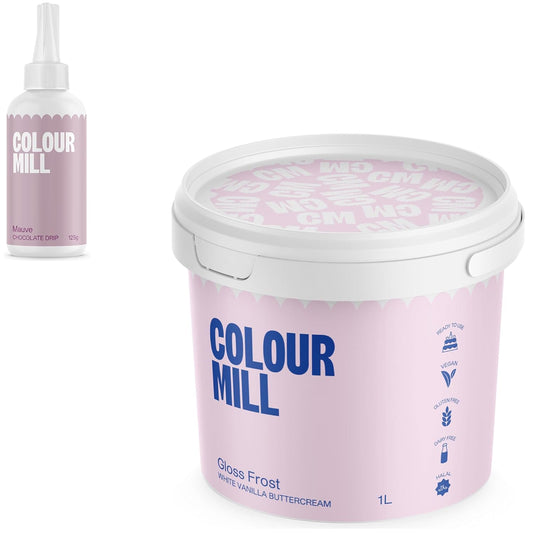 Colour Mill Chocolate Drip Easy-Melt Drizzle for Desserts, 125 Grams Mauve + Gloss Frost White Buttercream, 1 Liter (2.2LBS)