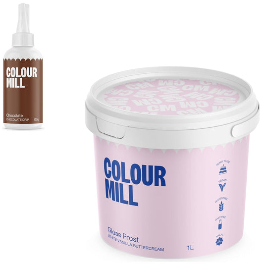 Colour Mill Chocolate Drip Easy-Melt Drizzle for Desserts, 125 Grams Chocolate + Gloss Frost White Buttercream, 1 Liter (2.2LBS)