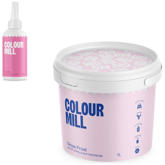 Colour Mill Chocolate Drip Easy-Melt Drizzle for Desserts, 125 Grams Candy + Gloss Frost White Buttercream, 1 Liter (2.2LBS)