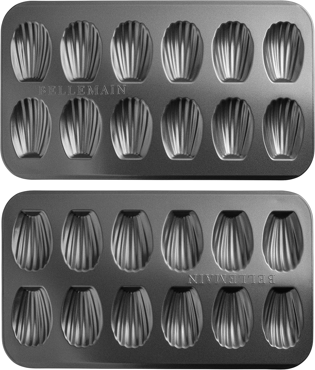 Bellemain Madeleine Pan | 12-Well Madeleine Mold Makes 12 Madeleine Cookies | Nonstick Tea Cake Pan for Madeleines, Cakelet Pan | Warp-Resistant Carbon Steel Madeline Pans (2-Pack)