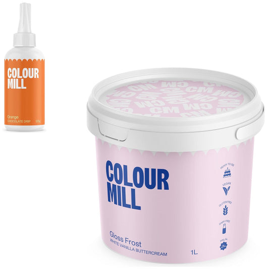 Colour Mill Chocolate Drip Easy-Melt Drizzle for Desserts, 125 Grams Orange + Gloss Frost White Buttercream, 1 Liter (2.2LBS)