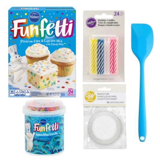 Pillsbury Funfetti Birthday Cake Set. Include Cake Mix, Frosting, Candles, Spatula and Cup Cake Paper