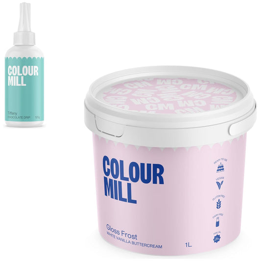 Colour Mill Chocolate Drip Easy-Melt Drizzle for Desserts, 125 Grams Tiffany + Gloss Frost White Buttercream, 1 Liter (2.2LBS)