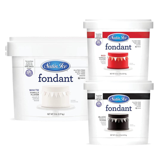 Bundle - Satin Ice Fondant, White 5 Pounds + Red 2 Pounds + Black 2 Pounds, Vanilla