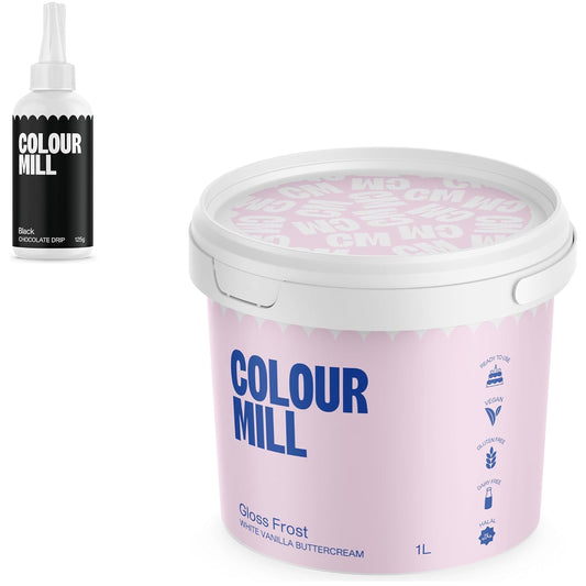 Colour Mill Chocolate Drip Easy-Melt Drizzle for Desserts, 125 Grams Black + Gloss Frost White Buttercream, 1 Liter (2.2LBS)