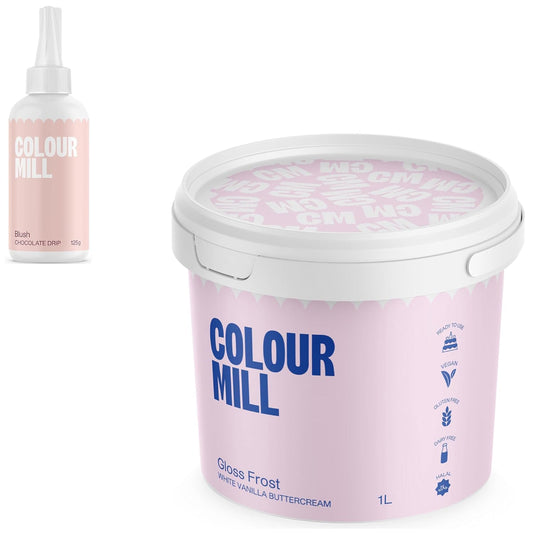 Colour Mill Chocolate Drip Easy-Melt Drizzle for Desserts, 125 Grams Blush + Gloss Frost White Buttercream, 1 Liter (2.2LBS)