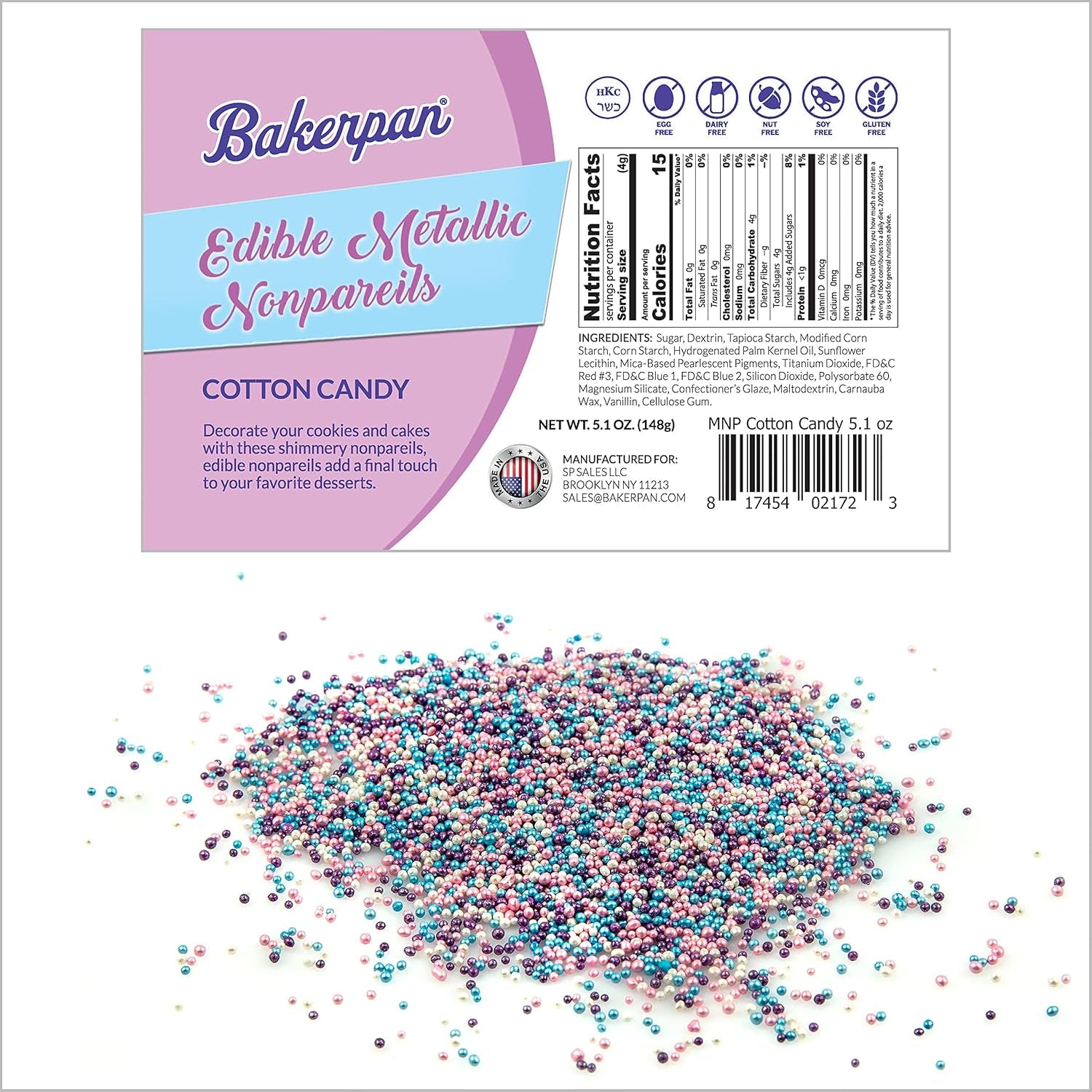 Bakerpan Edible Pastel Colors Nonpareils Sprinkles for Cupcakes, Pastel Sprinkles Edible for Cake Decorating - 5.1 Ounces (Made in USA)